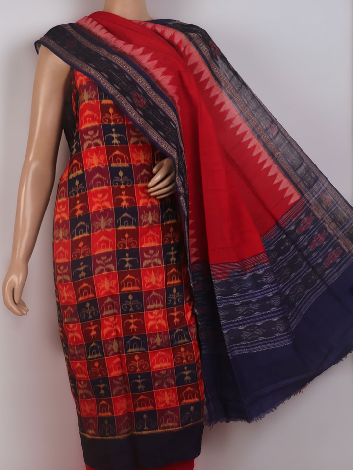 Detail of the red Sambalpuri cotton dress material's blouse piece with motifs.