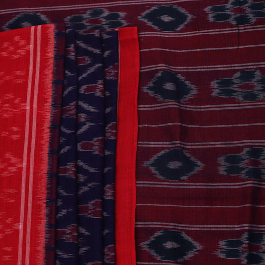 Gracefully draped blue Sambalpuri cotton saree with red motifs, highlighting its design and flow.