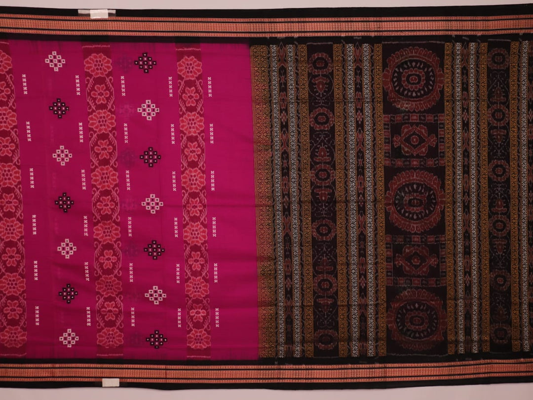 A full-length view of a vibrant magenta cotton Bomkai saree adorned with intricate black motifs.