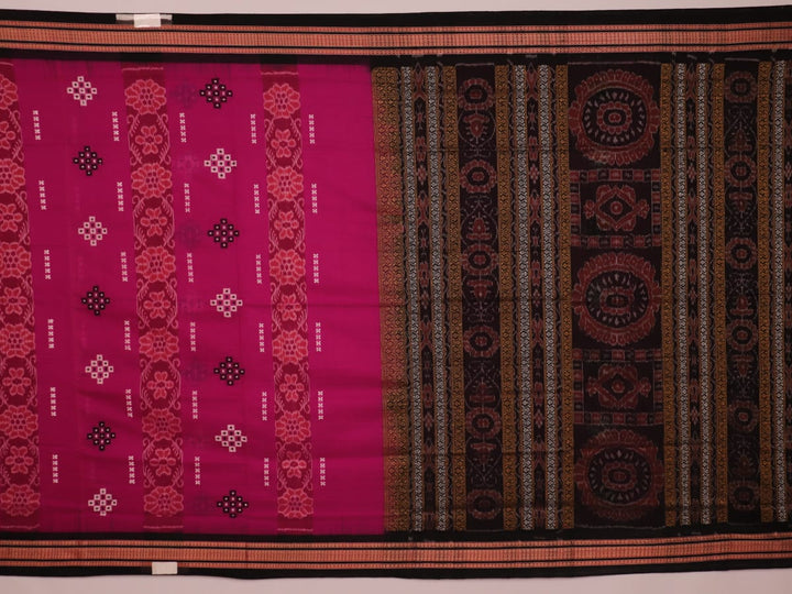 A full-length view of a vibrant magenta cotton Bomkai saree adorned with intricate black motifs.