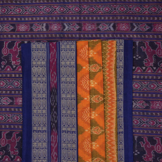 Full layout of the yellow and blue Sambalpuri cotton saree displaying the body, border, and pallu.