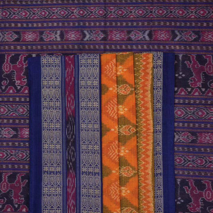 Full layout of the yellow and blue Sambalpuri cotton saree displaying the body, border, and pallu.
