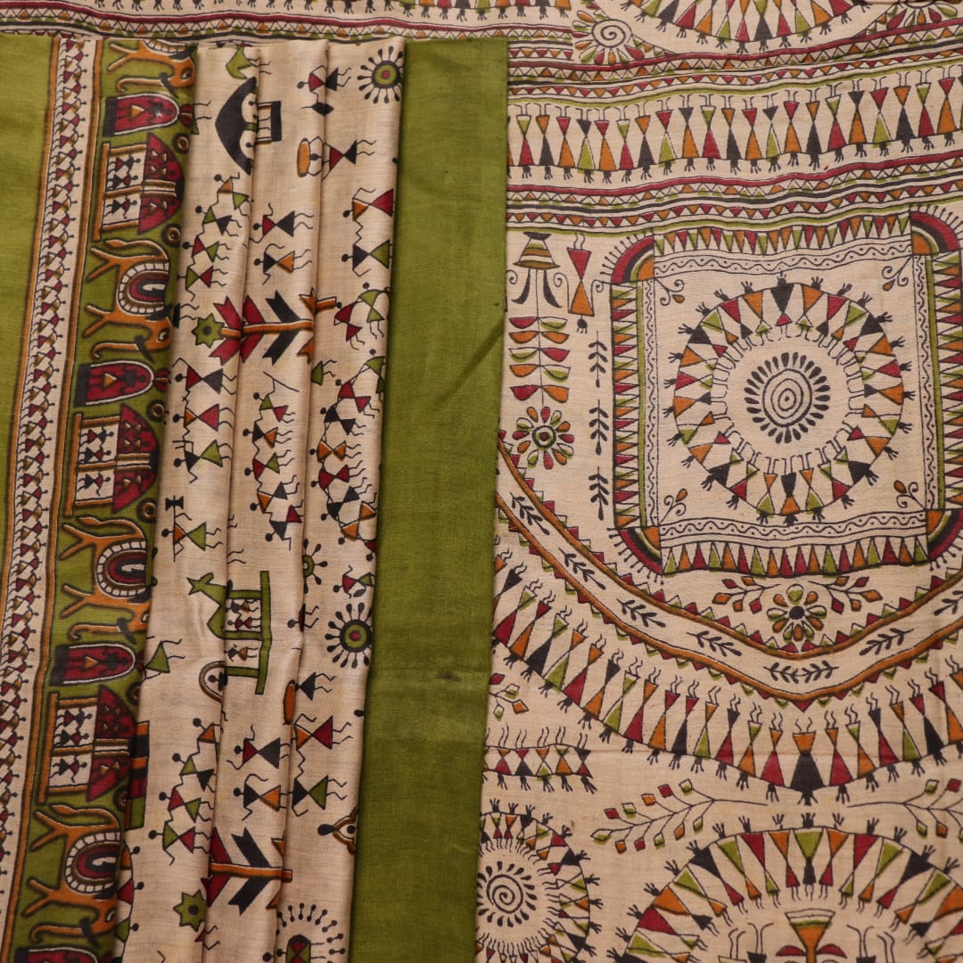 Close-up of multi-color Tussar silk saree with handwoven motifs in green