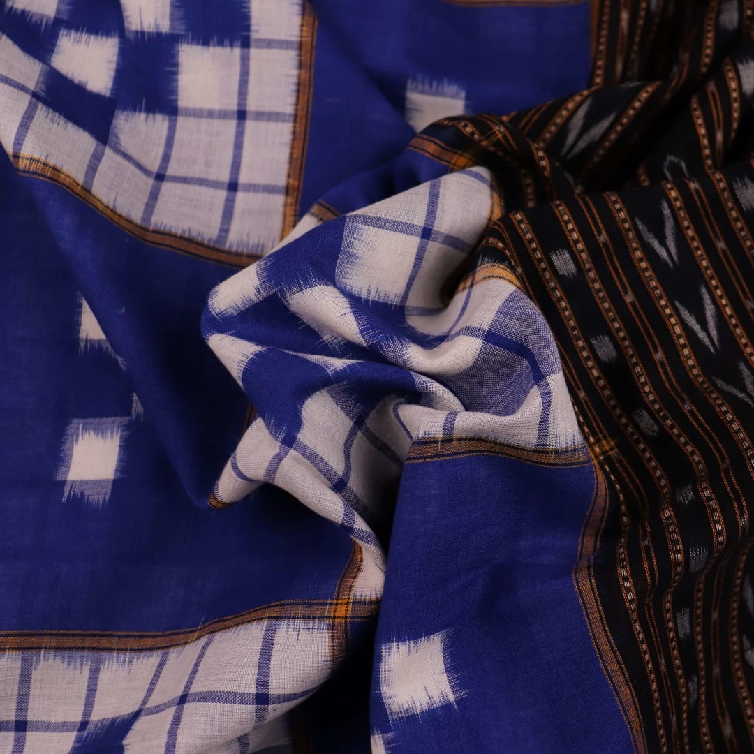 Stylishly draped Sambalpuri cotton dupatta in blue and black with intricate Pasapalli motifs
