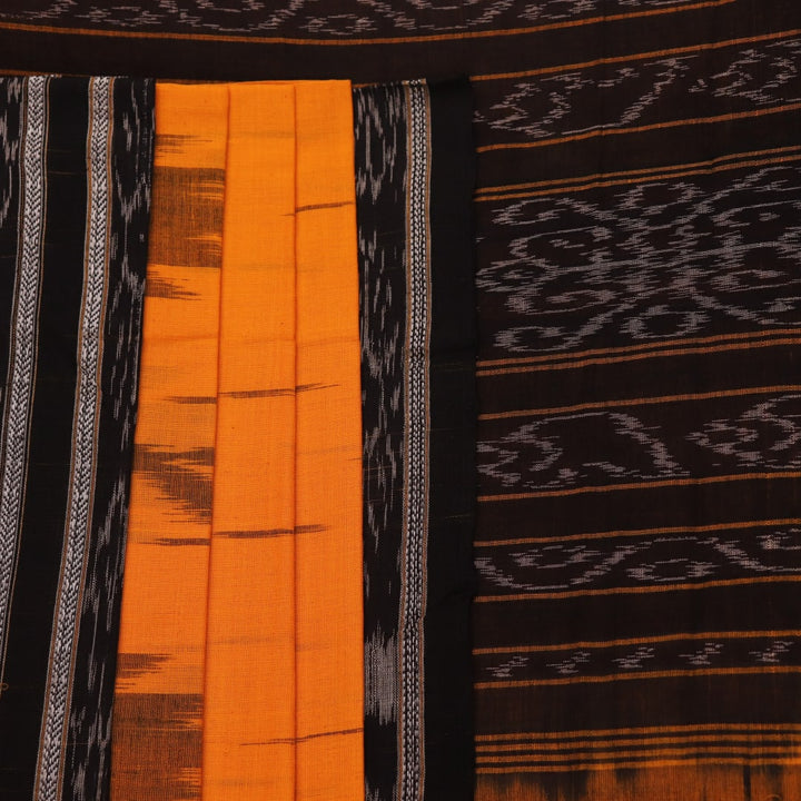 Draped view of a yellow and black Sambalpuri cotton saree with motifs, showcasing its styling and fall.