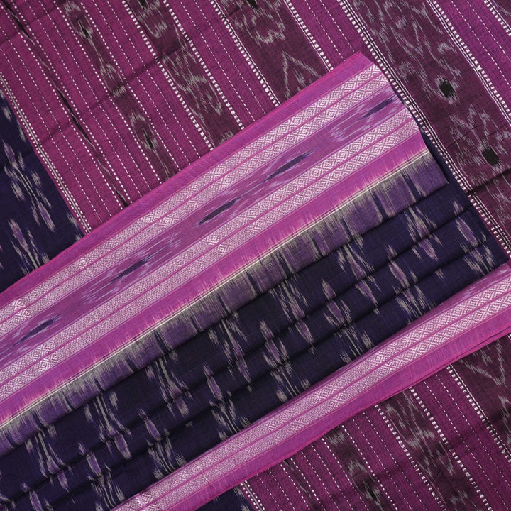 Full styling view of a model draped in a blue and purple Sambalpuri cotton saree with ikat motifs.