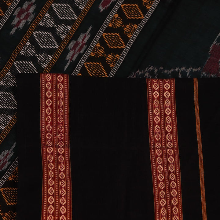 Full view of a green and black cotton Bomkai saree featuring traditional butta patterns