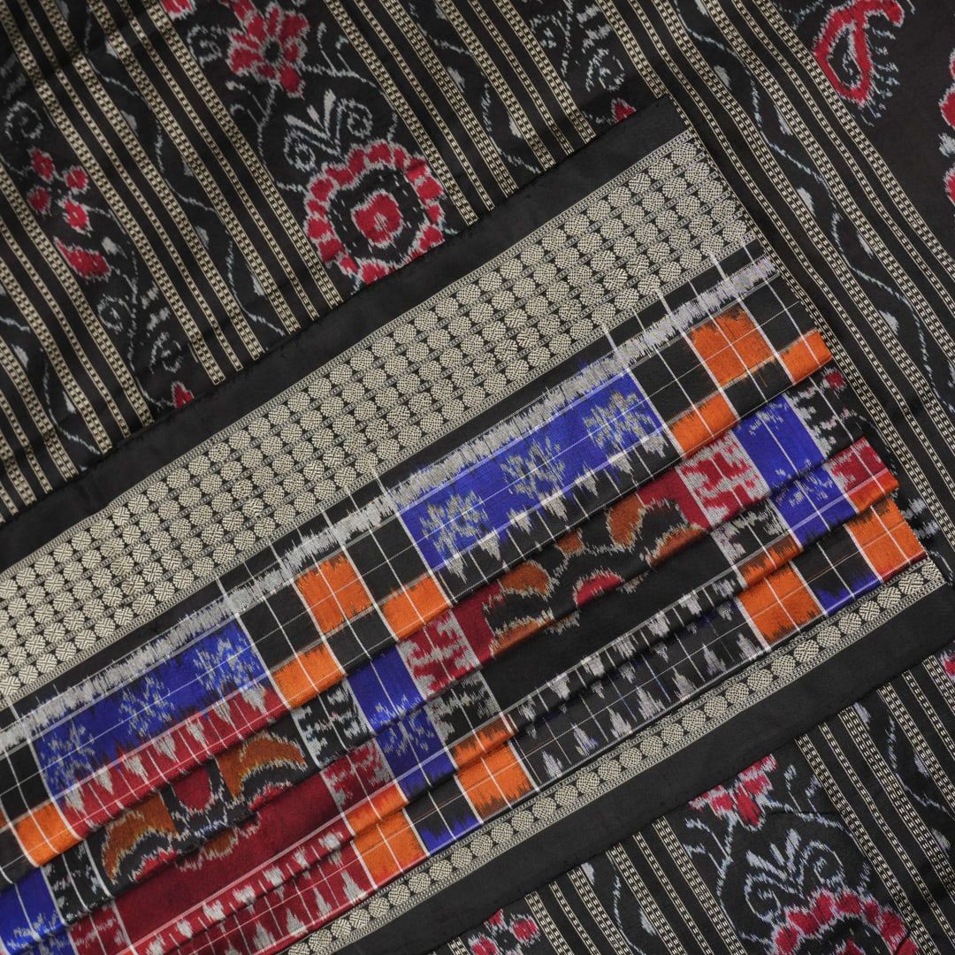 Close-up showing the rich, handloom silk texture and intricate multi-color Utkallaxmi weave with motifs.