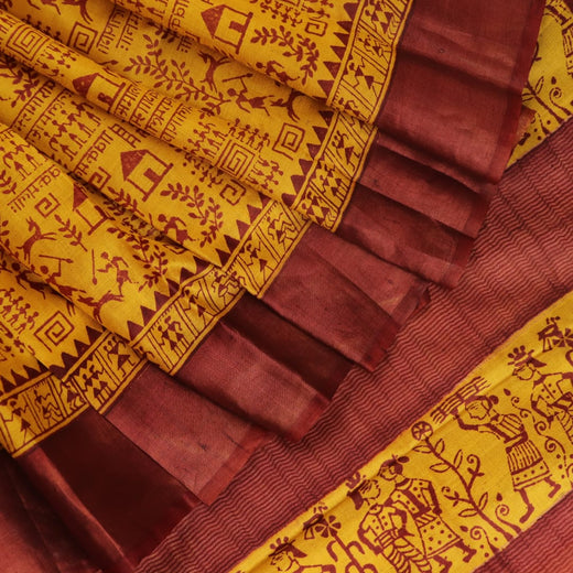 Yellow Tussar Tussar Silk Saree with Brown Border P56-17-05810
