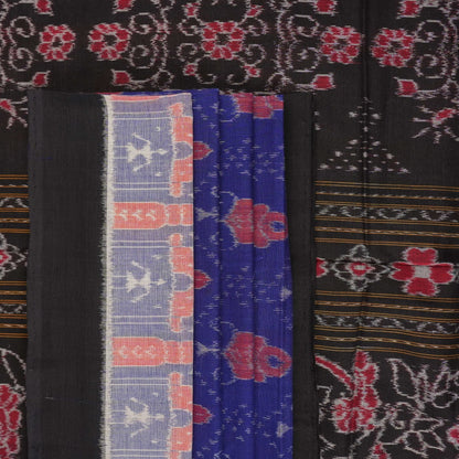 Full layout view of the blue and black Sambalpuri cotton saree displaying body patterns and border.