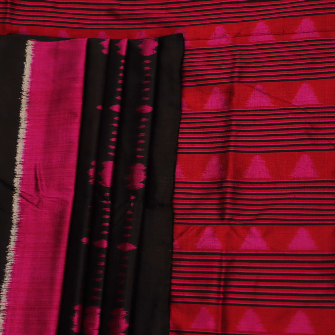 Full view of an intricately patterned black silk Khandua saree with black motifs