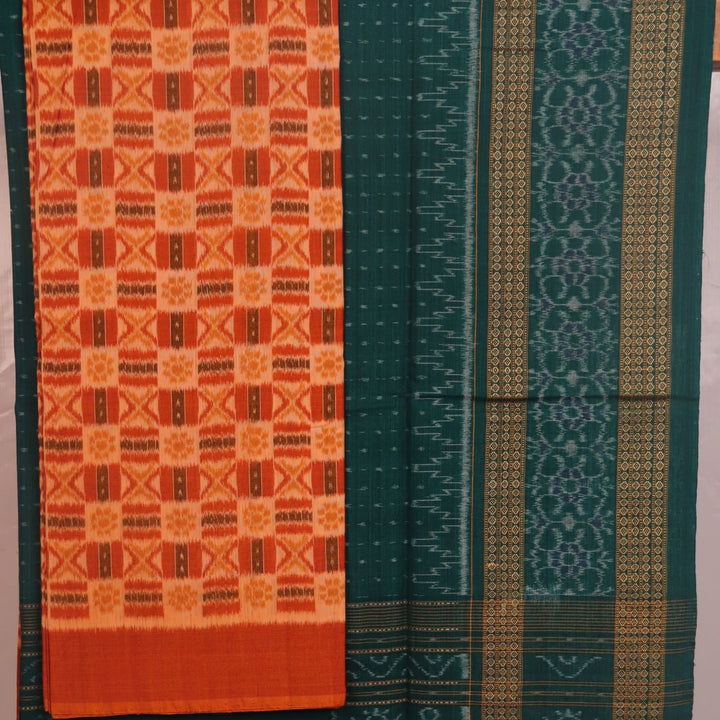 Blouse piece detail of the rust and green Sambalpuri cotton dress material with motifs.