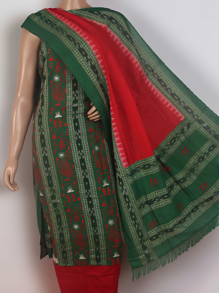 Detail of the green and red Sambalpuri cotton dress material blouse piece with motifs.