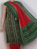 Detail of the green and red Sambalpuri cotton dress material blouse piece with motifs.