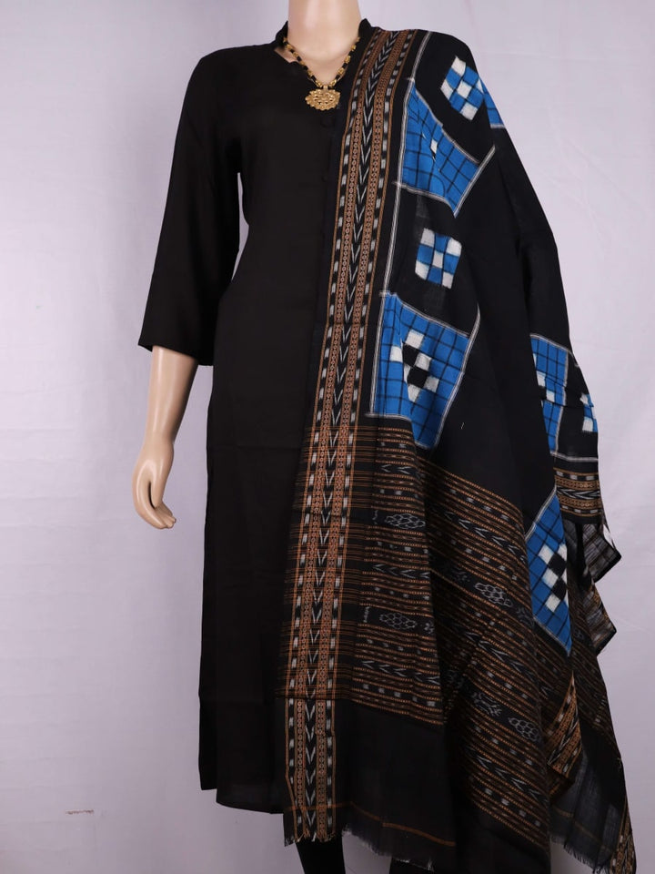 Draped view of a blue and black Pasapalli patterned Sambalpuri cotton dupatta