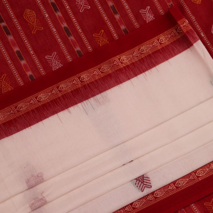 White cotton Bomkai saree with red butta pattern, full product view