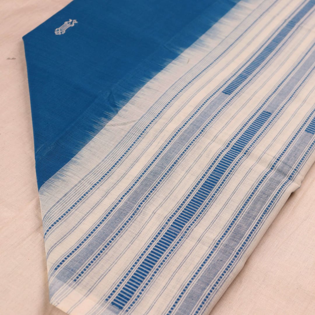 Styling view of a blue and white cotton Sambalpuri dupatta with buta pattern