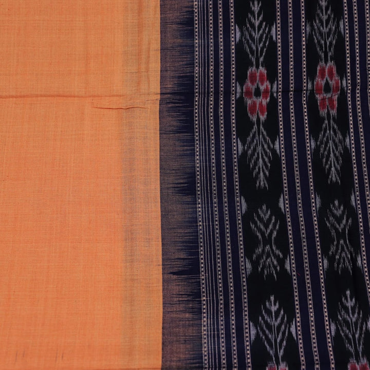 Styling view of a cream and black Sambalpuri cotton dupatta with plain pattern