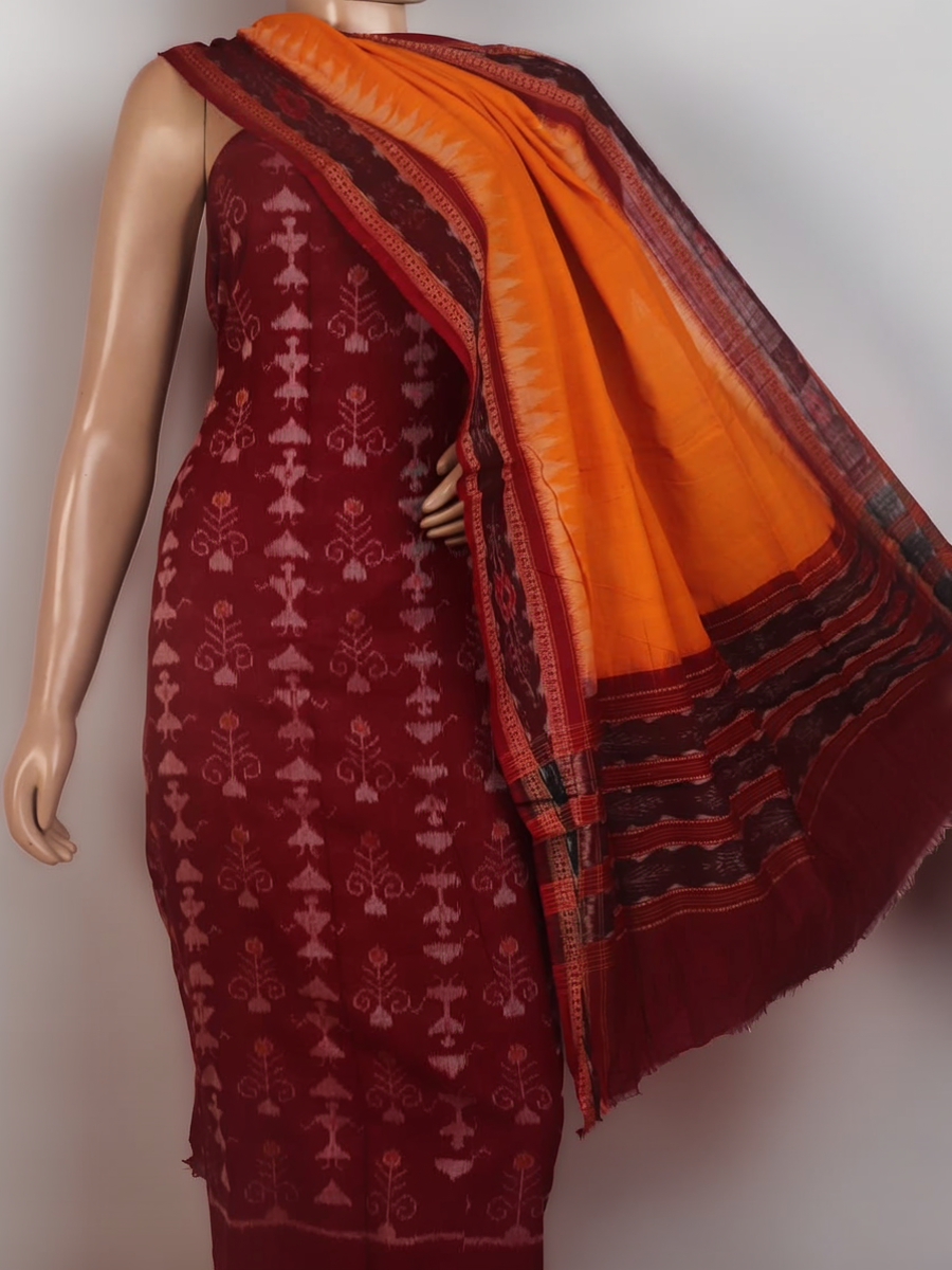 Maroon and yellow Sambalpuri cotton dress material blouse piece with motifs.