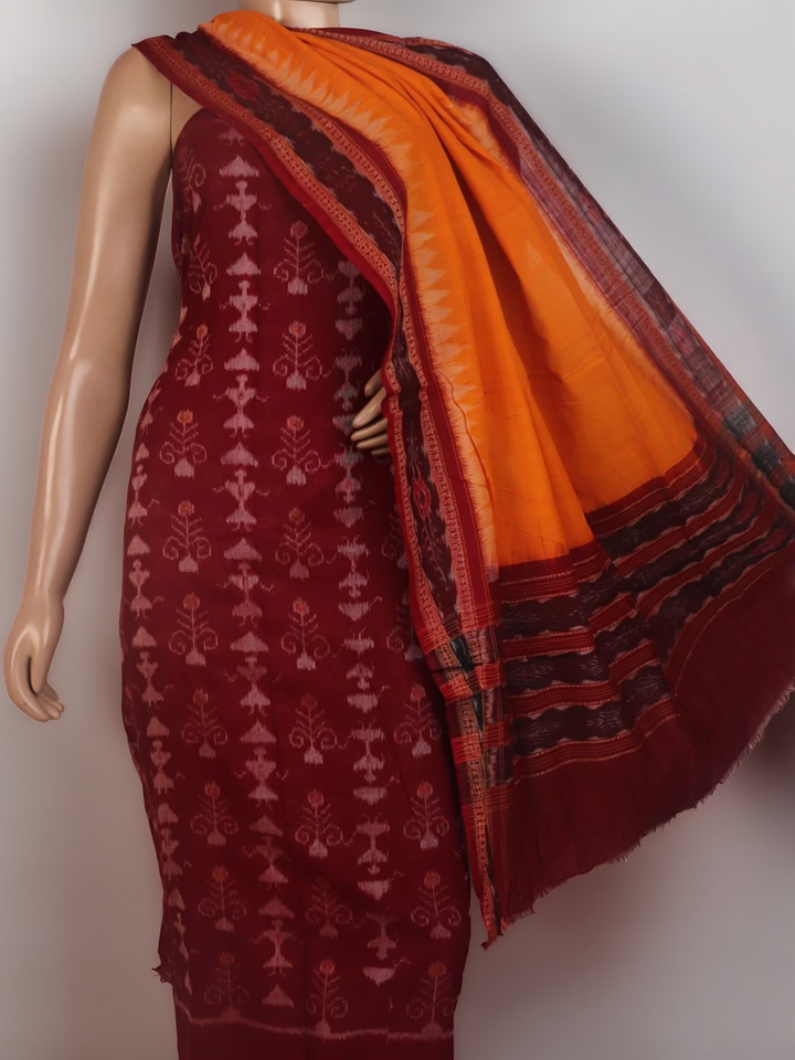 Maroon and yellow Sambalpuri cotton dress material blouse piece with motifs.