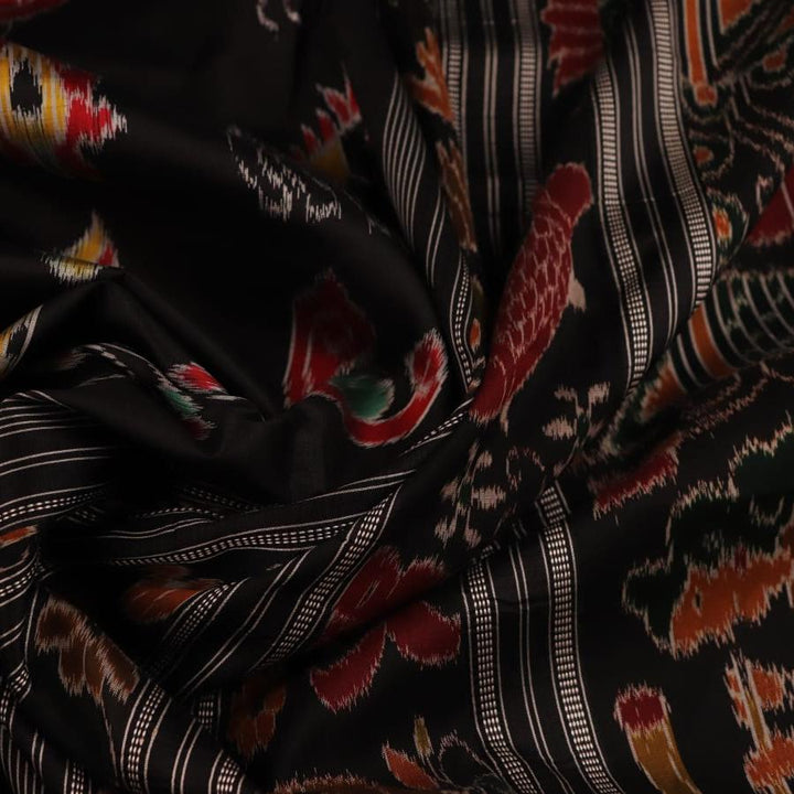 Full view of a black silk Khandua saree with intricate motifs