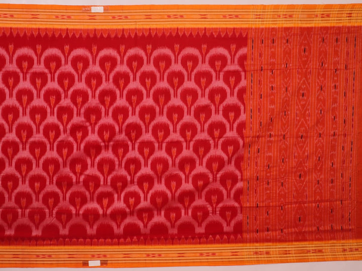 Red and yellow Sambalpuri cotton saree with motifs, elegantly draped to showcase its style.