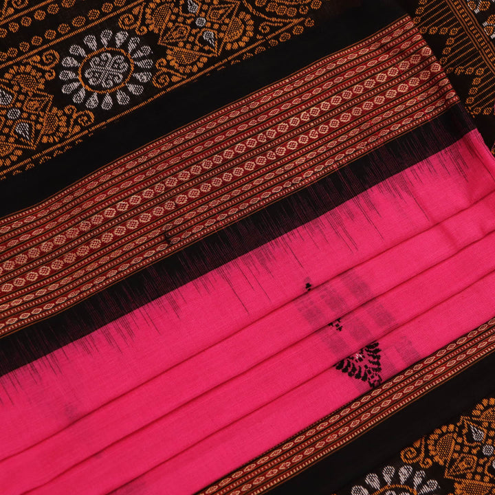 Full view of a pink and black cotton Bomkai saree with a Butta pattern.