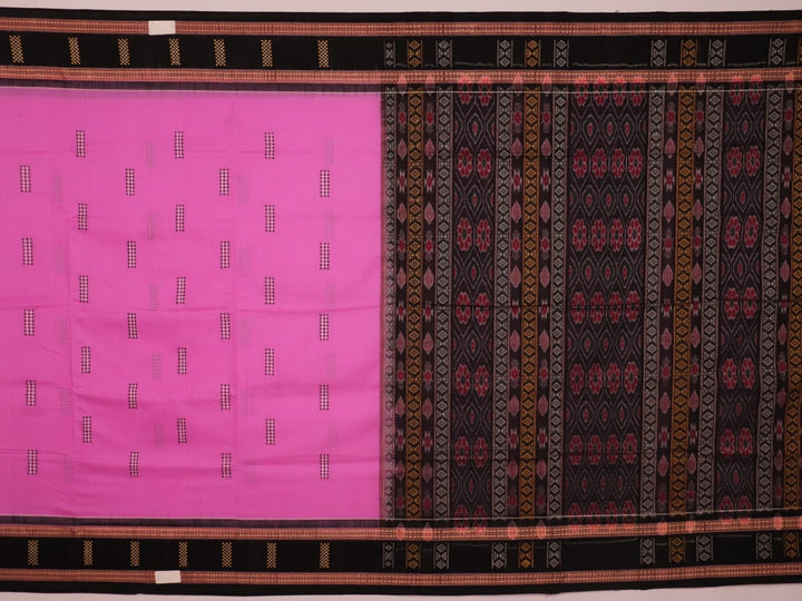 Full-length view of a pink Bomkai cotton saree featuring black butta patterns.