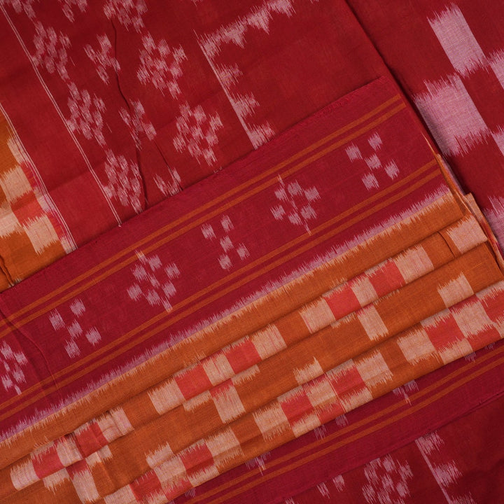 Full drape styling of a brown and maroon Sambalpuri cotton saree with motifs, modeled for elegant look.