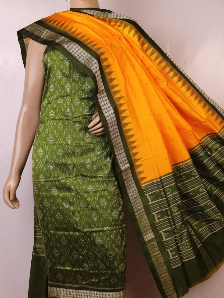 Handloom Sambalpuri green silk dress material blouse piece with yellow motifs.