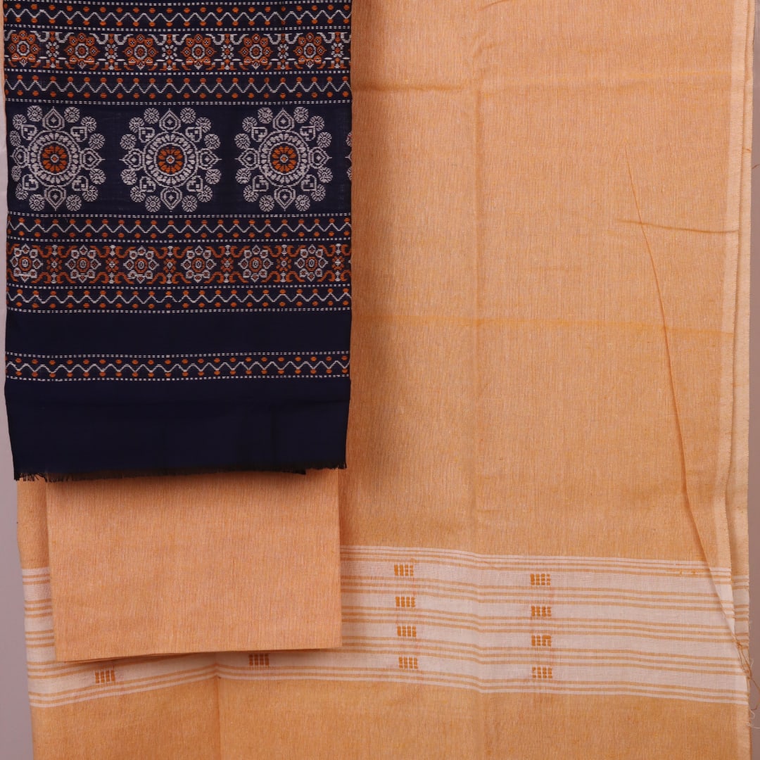 Bomkai Cotton dress material: Blue & cream blouse piece detail with matching border design.