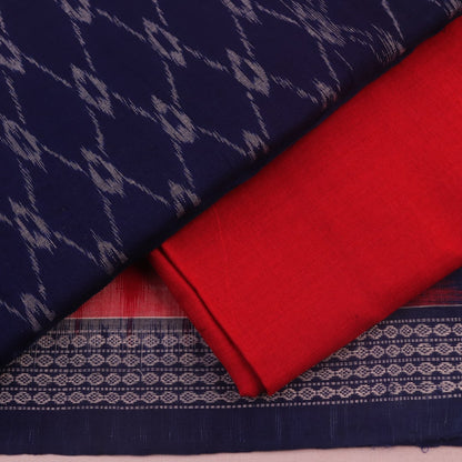 Detail of blue and red Sambalpuri cotton dress material blouse piece with motifs.