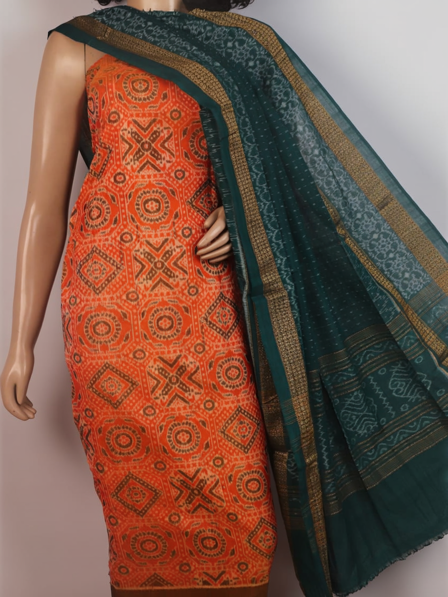 Blouse piece detail of an orange and green motif Sambalpuri cotton dress material.
