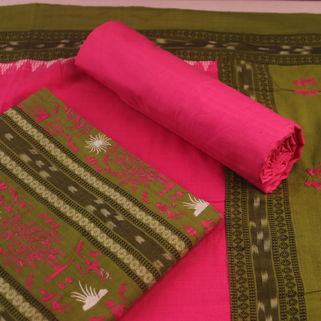 Sambalpuri cotton dress material: Detail of green blouse piece with pink motifs.