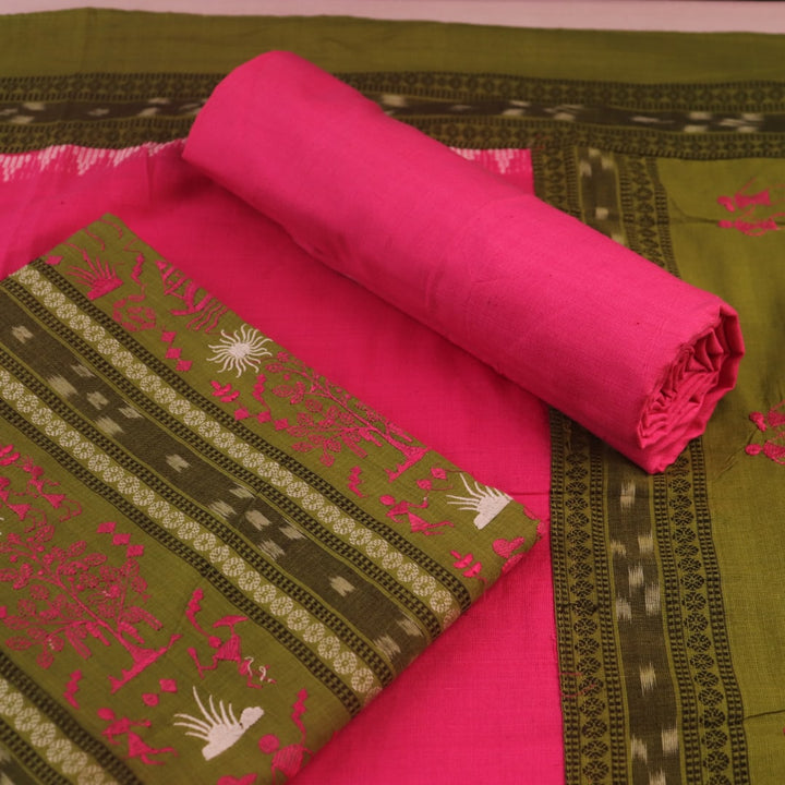 Sambalpuri cotton dress material: Detail of green blouse piece with pink motifs.