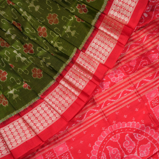 Handloom Green Sambalpuri Silk Saree with Red border