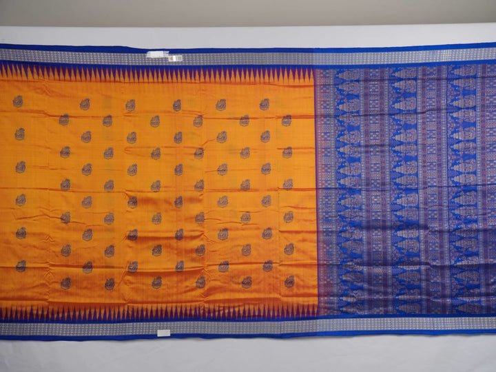 Close-up of Bomkai Silk Saree fabric texture and handloom weave in orange and blue threads.