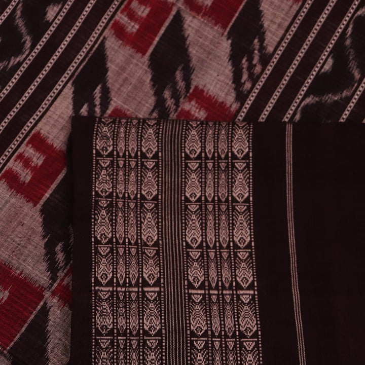 Grey and black cotton Sambalpuri saree with intricate motif pattern, displayed in full view.