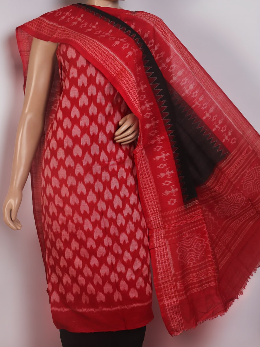 Detail of the Sambalpuri red-black cotton dress material blouse piece with motifs.