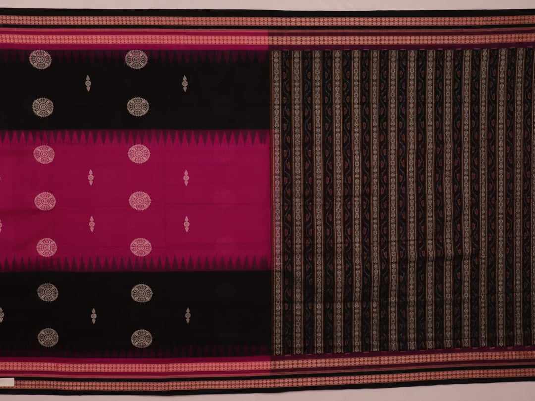 Full view of a magenta and black Bomkai cotton saree with intricate butta patterns.