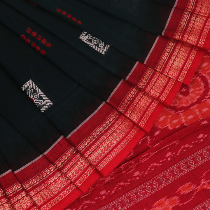 Full view of a green and red handloom Bomkai Cotton Saree with butta pattern.