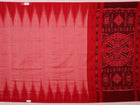 Pink and red Sambalpuri cotton saree draped; showcases overall look and styling with motifs visible.