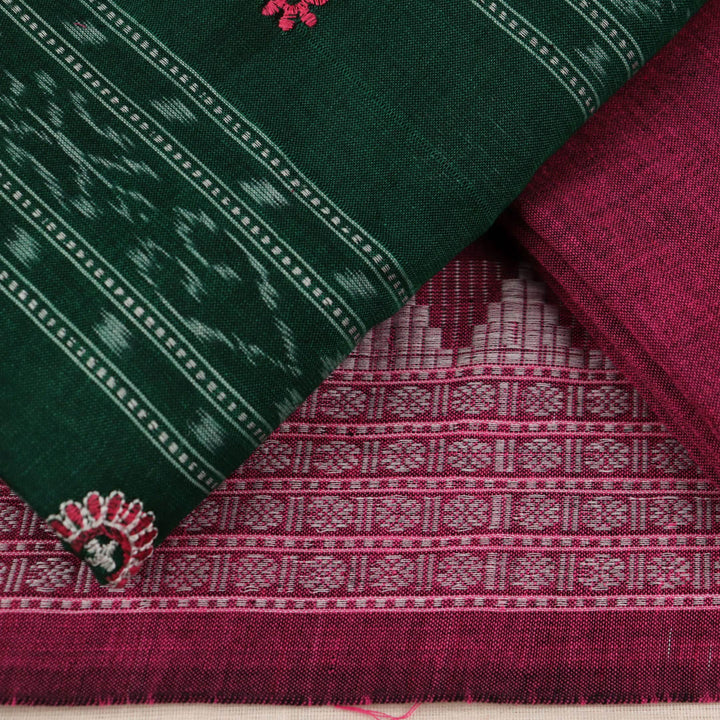 Close-up of blouse piece with Sambalpuri motifs in green and magenta cotton