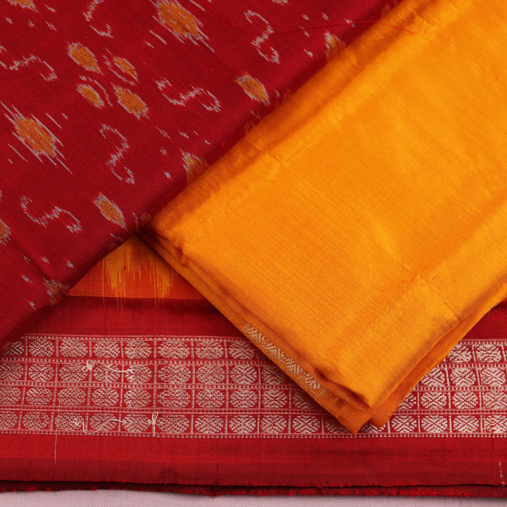 Maroon and Yellow Sambalpuri Silk Dress Material blouse piece with motifs.