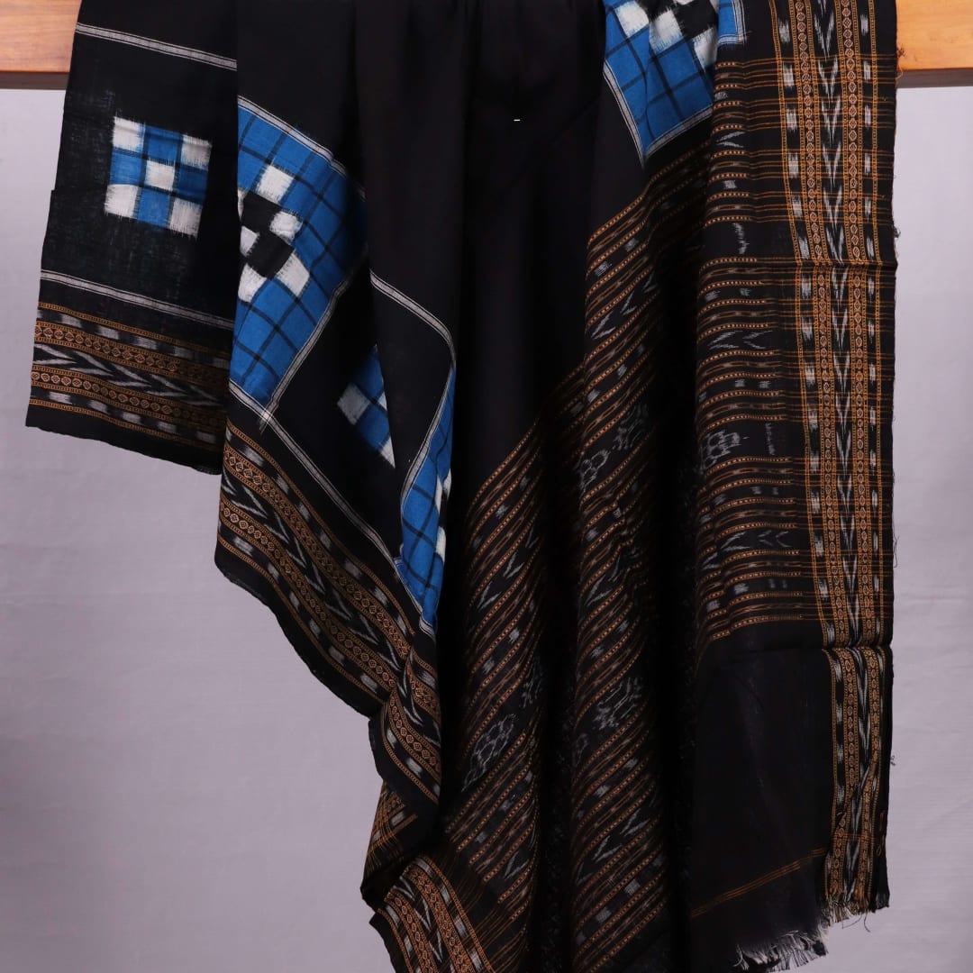 Draped view of a blue and black Pasapalli patterned Sambalpuri cotton dupatta