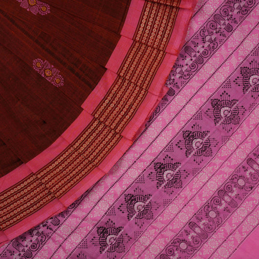 Handloom Brown Bomkai Cotton Saree with Pink border