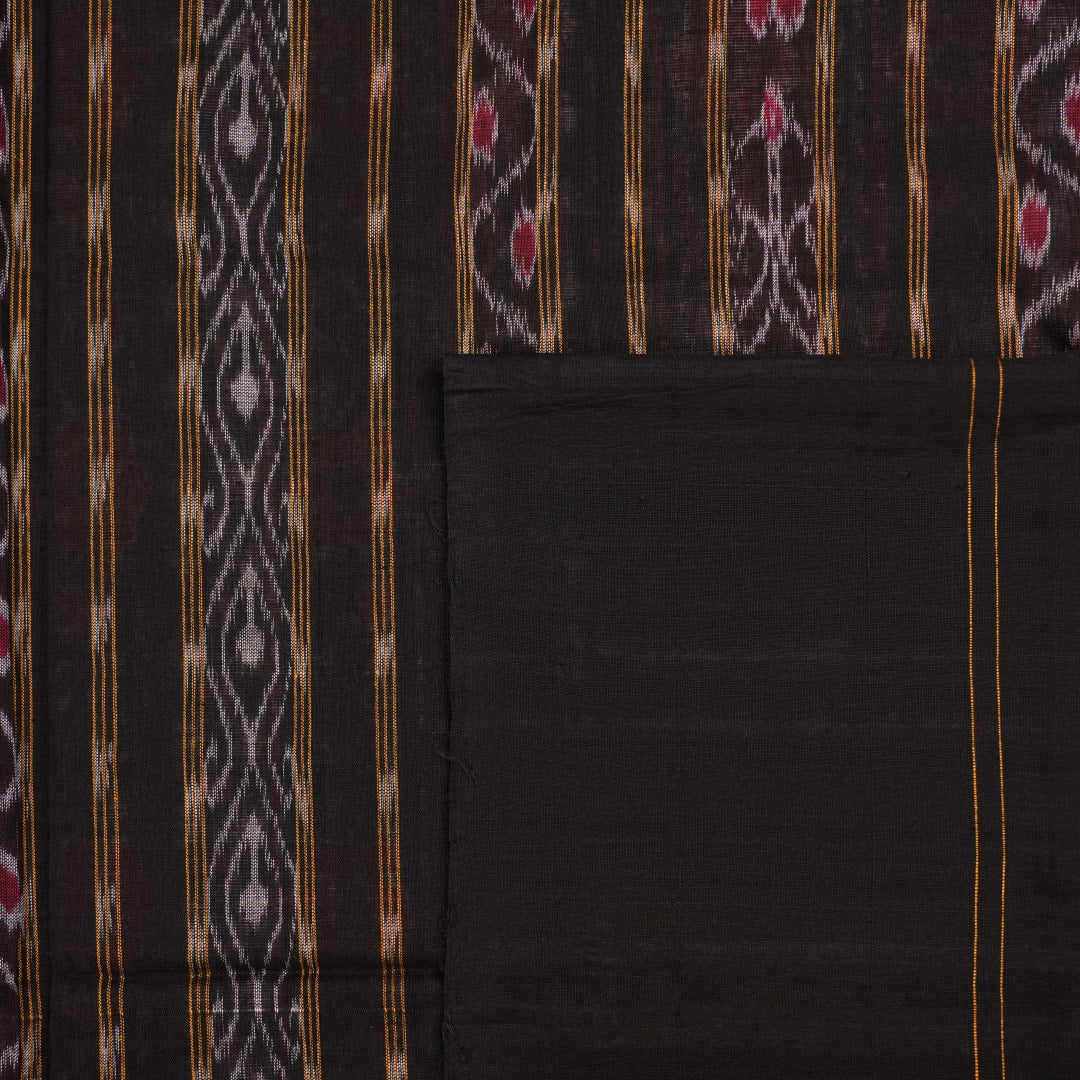 Full layout of the grey and black Sambalpuri cotton saree showcasing the complete weave and design.