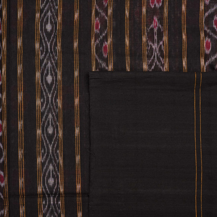 Full layout of the grey and black Sambalpuri cotton saree showcasing the complete weave and design.