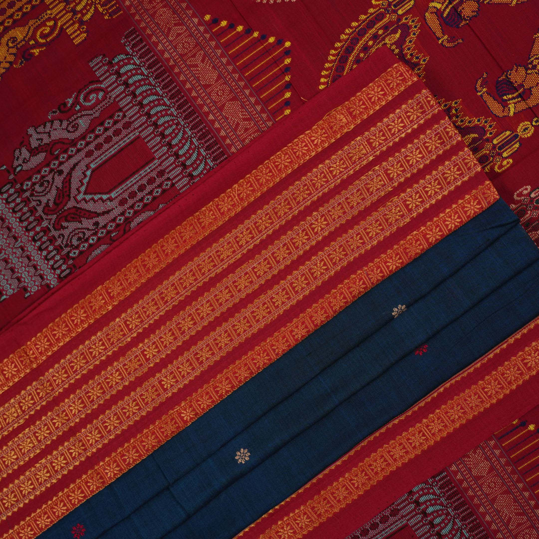Full layout view of the blue Bomkai cotton saree with red borders and intricate handloom butta work.