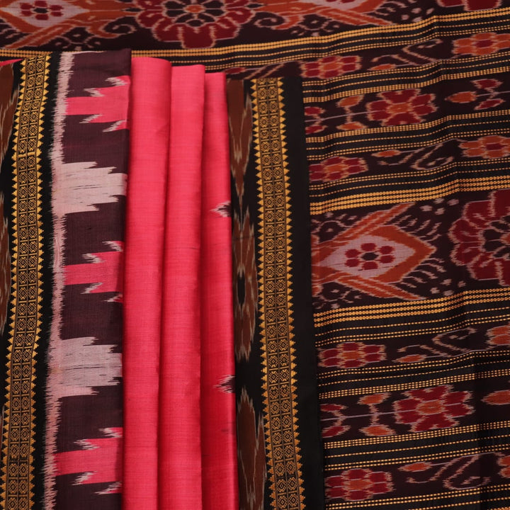Model wears a handloom pink Khandua silk saree, styled to showcase its simple elegance.